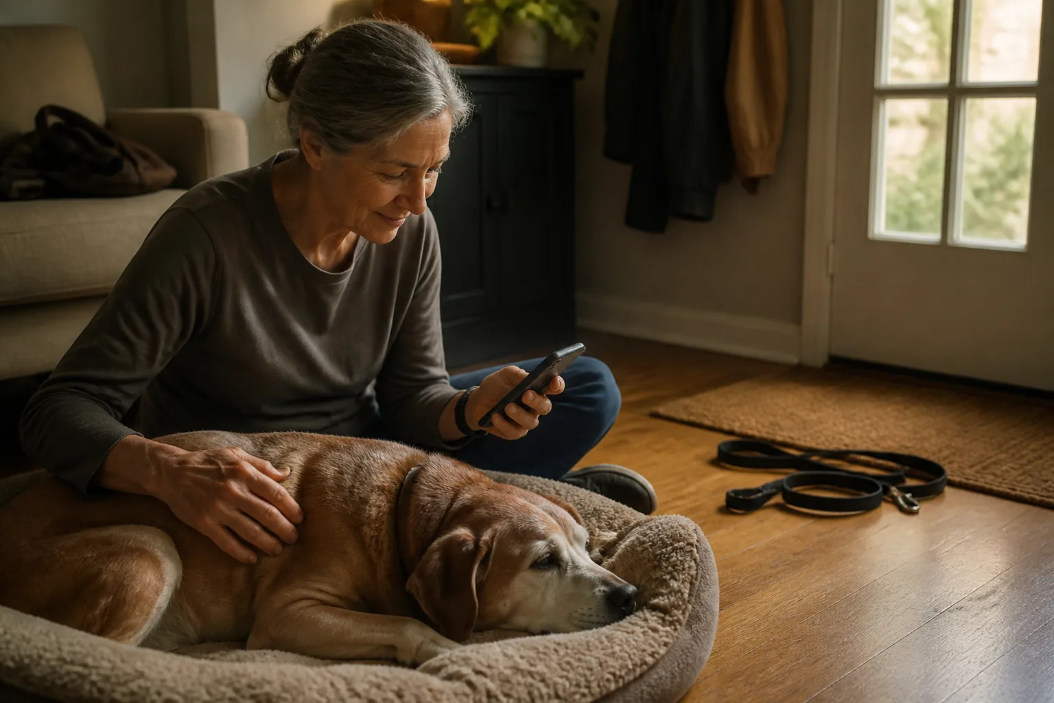 An owner reviewing an activity tracker while a senior dog rests after a neighborhood walk.