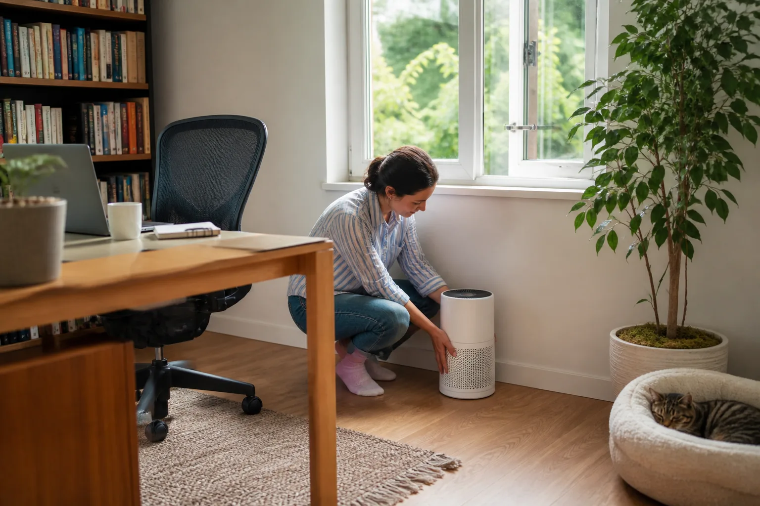 An allergy-prone remote worker placing a compact air purifier beside a home-office desk.