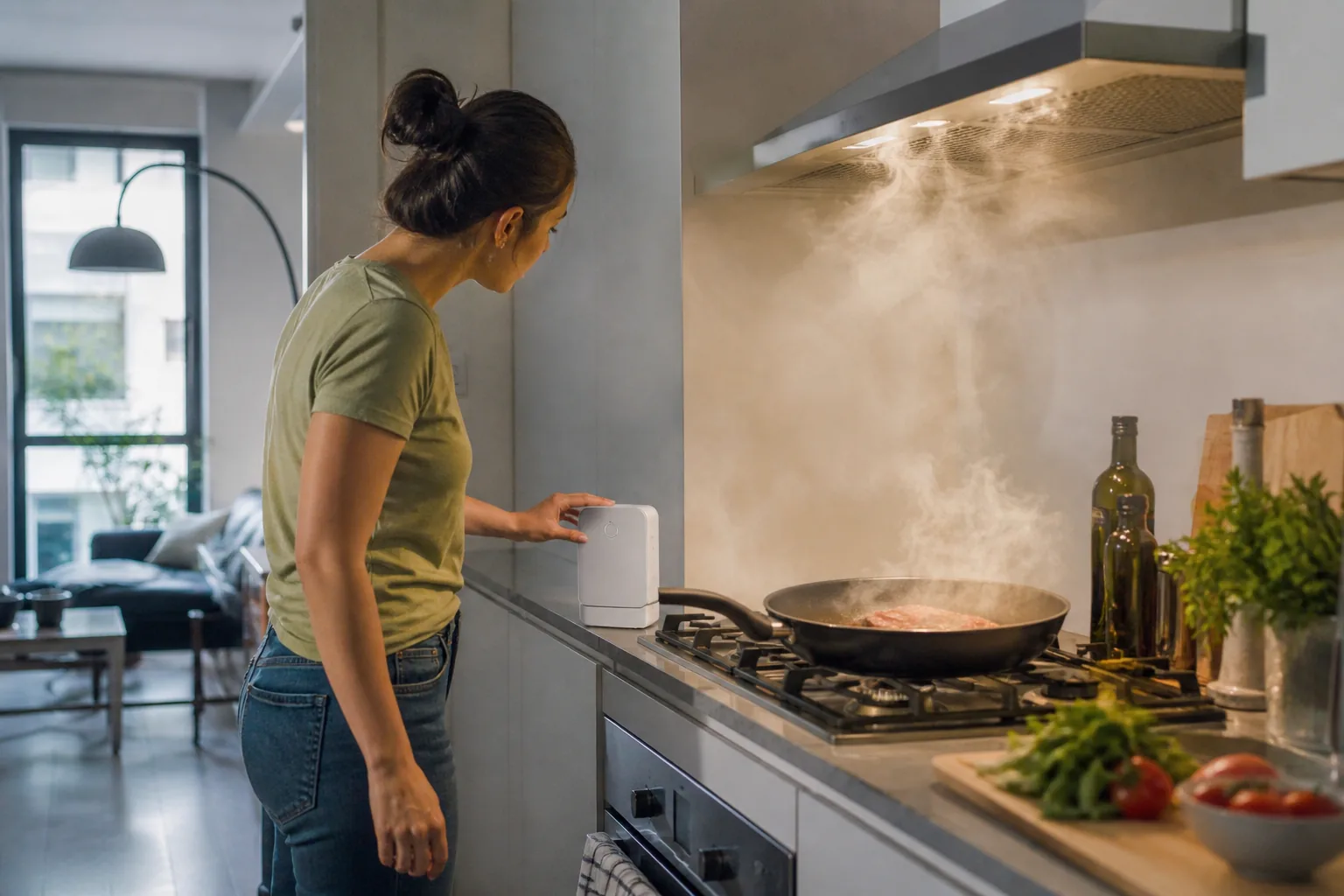 A home cook checking an air-quality monitor after searing food in a small kitchen.