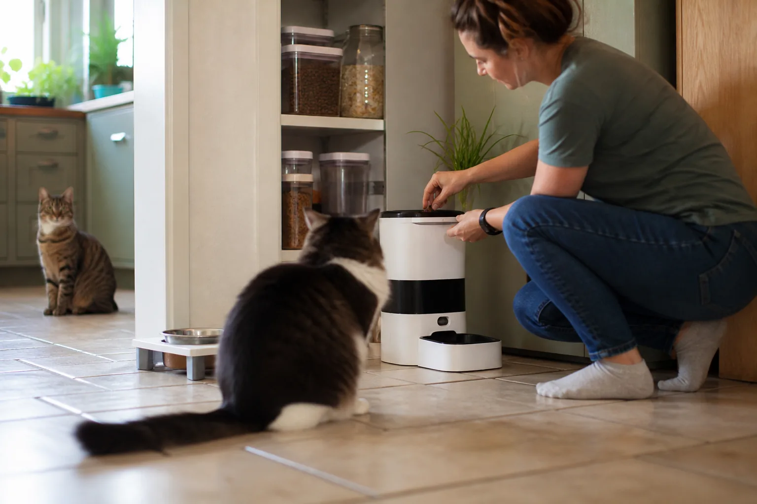 An owner programming an automatic feeder while two cats wait in a kitchen corner.