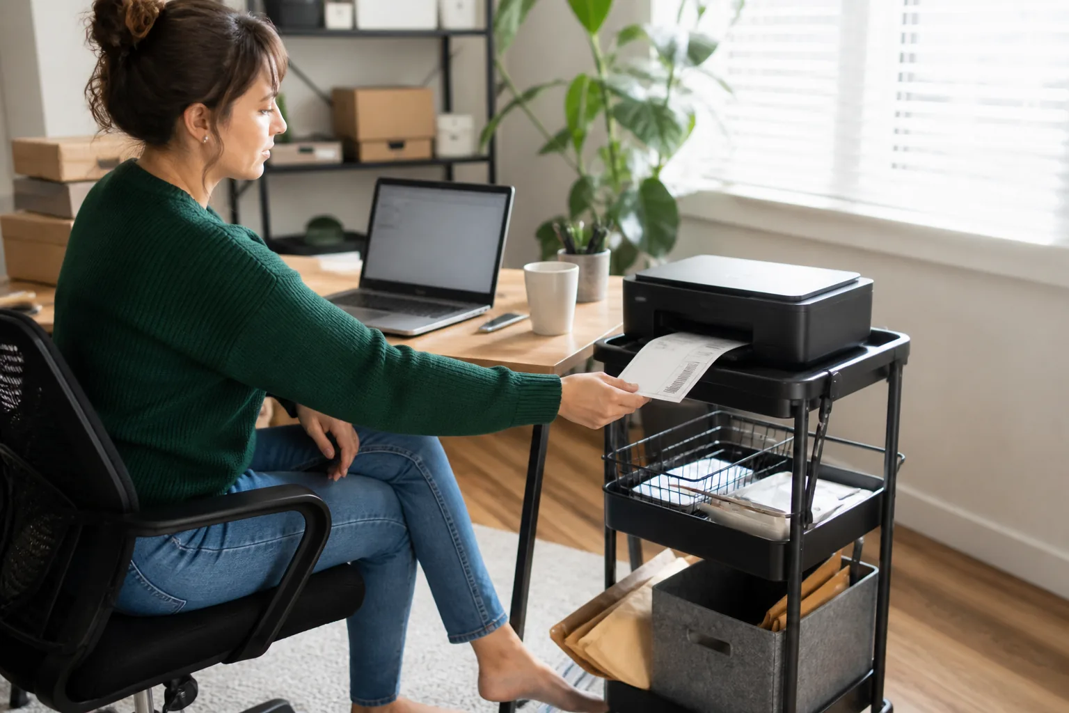 A freelancer using a compact printer on a rolling cart beside a small desk.