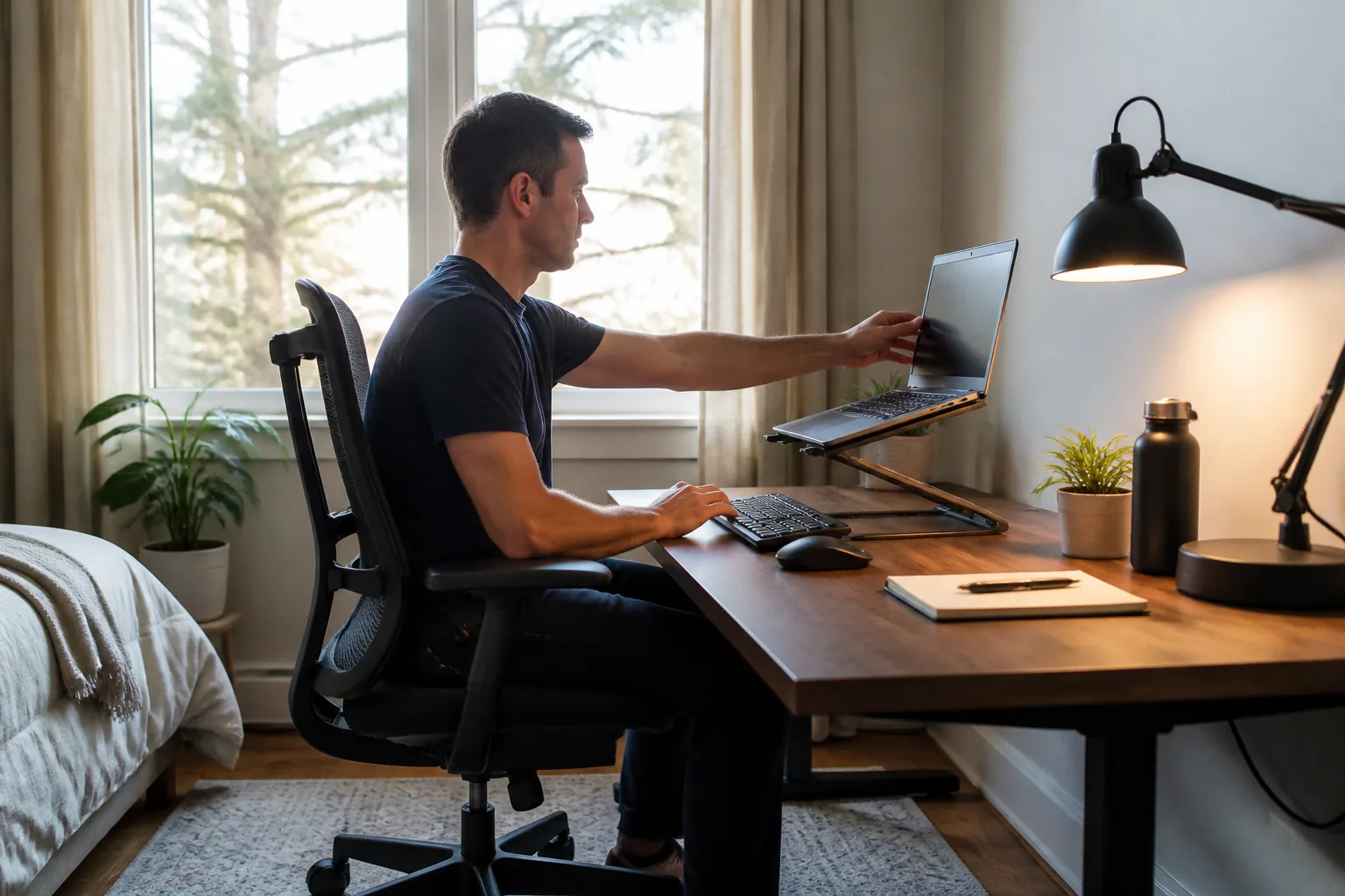 A remote worker arranging an ergonomic desk in a small spare-bedroom office.