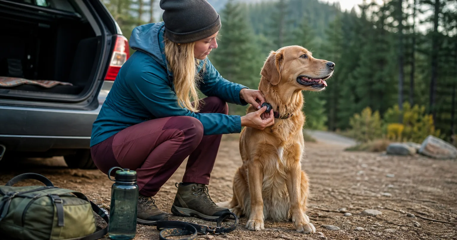 A hiker fastening a GPS tracker to a dog collar at a wooded trailhead.