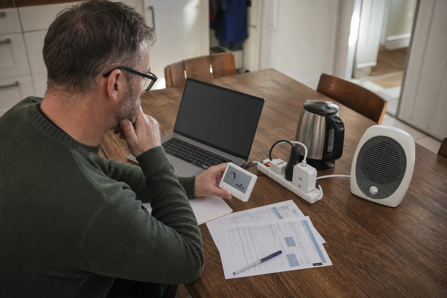 A homeowner reviewing appliance energy use with a monitor and utility bill at the kitchen table.
