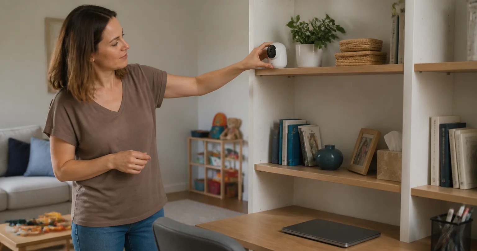 A parent placing an indoor camera on a shelf while aiming it away from a private workspace.