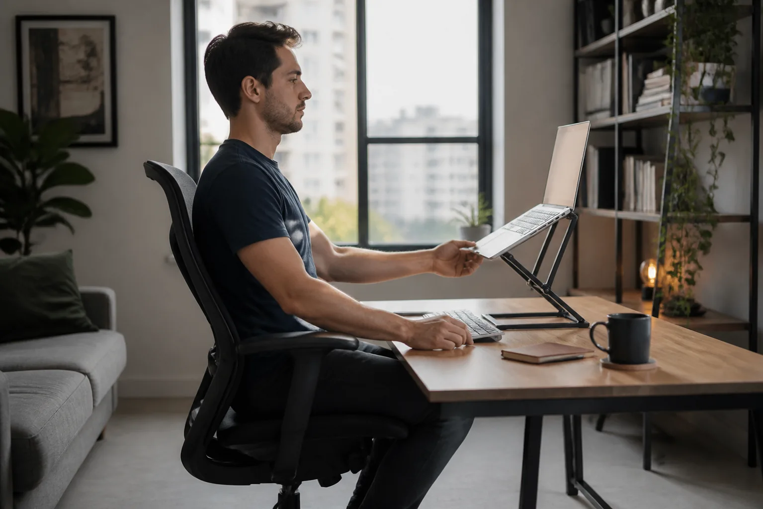 A remote worker adjusting a laptop stand, external keyboard, and chair height.