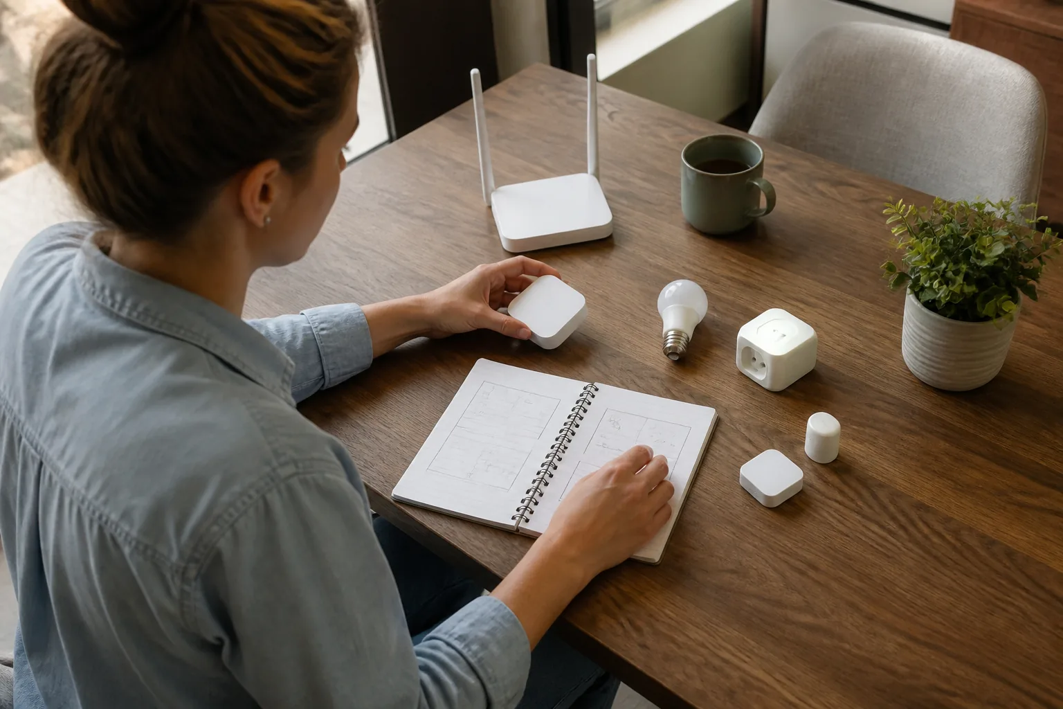 A beginner organizing a smart-home hub, bulb, plug, and router on a dining table.