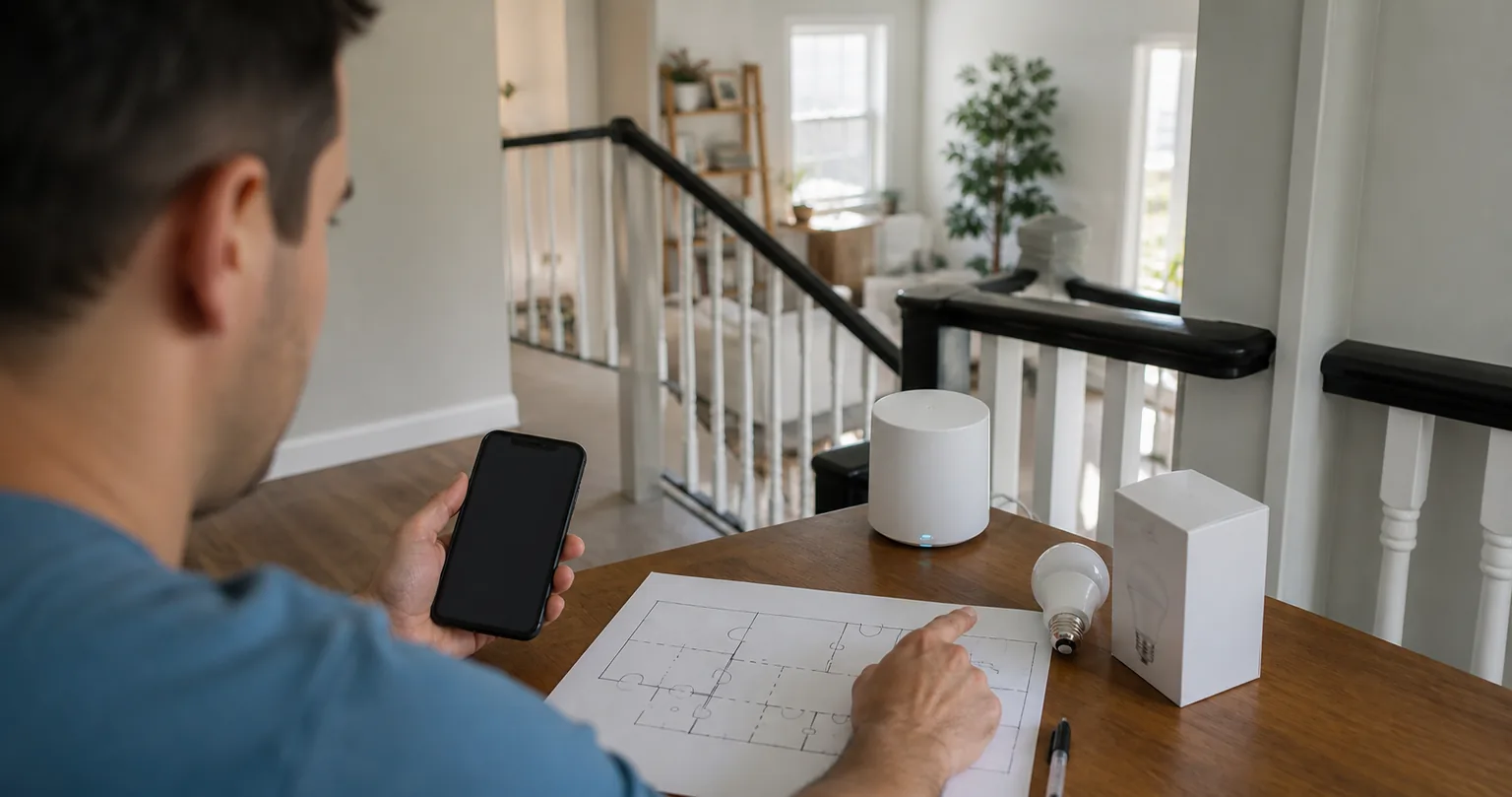 A homeowner placing a mesh Wi-Fi node near a staircase while reviewing a floor plan.