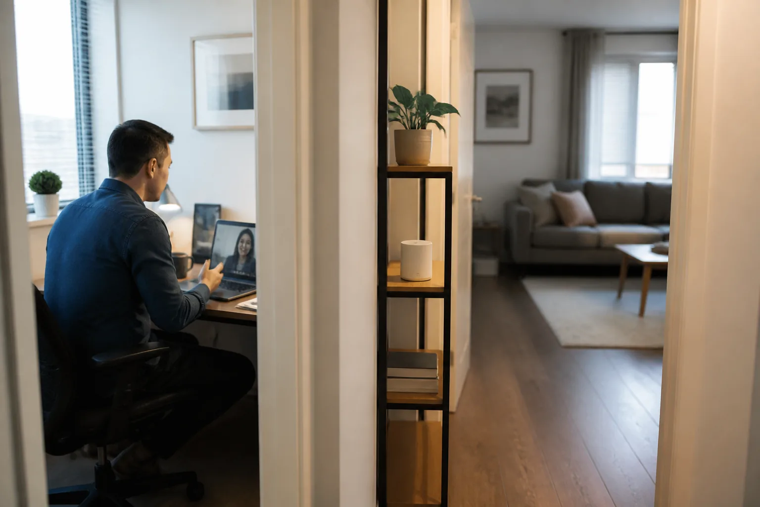 A remote worker testing mesh Wi-Fi placement between a living room and home office.