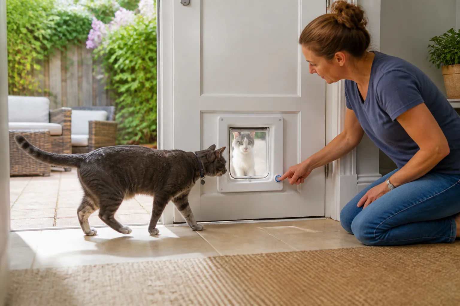 A cat approaching a microchip-activated pet door leading to an enclosed patio.