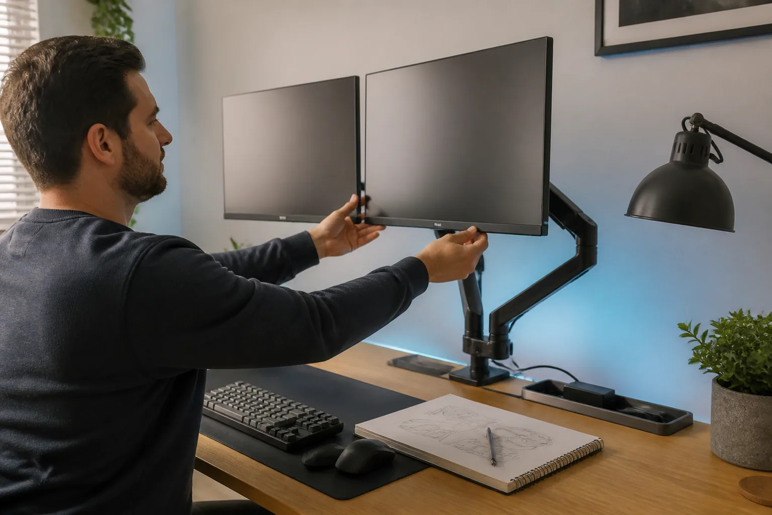 A designer adjusting dual monitors on an arm above a compact desk.