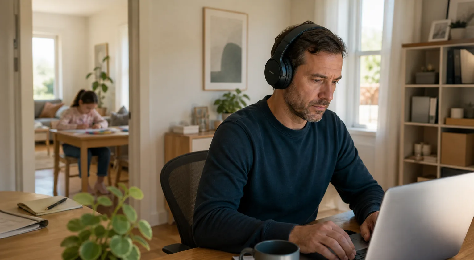 A remote worker wearing a noise-cancelling headset while family activity continues in the next room.