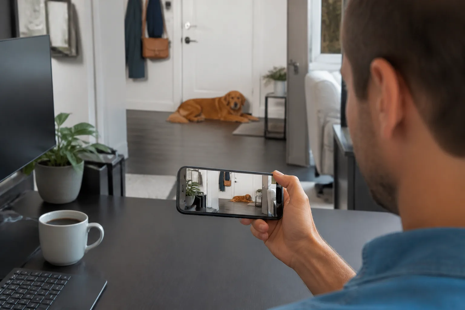 A pet owner at a desk checking on a dog resting near the apartment door.