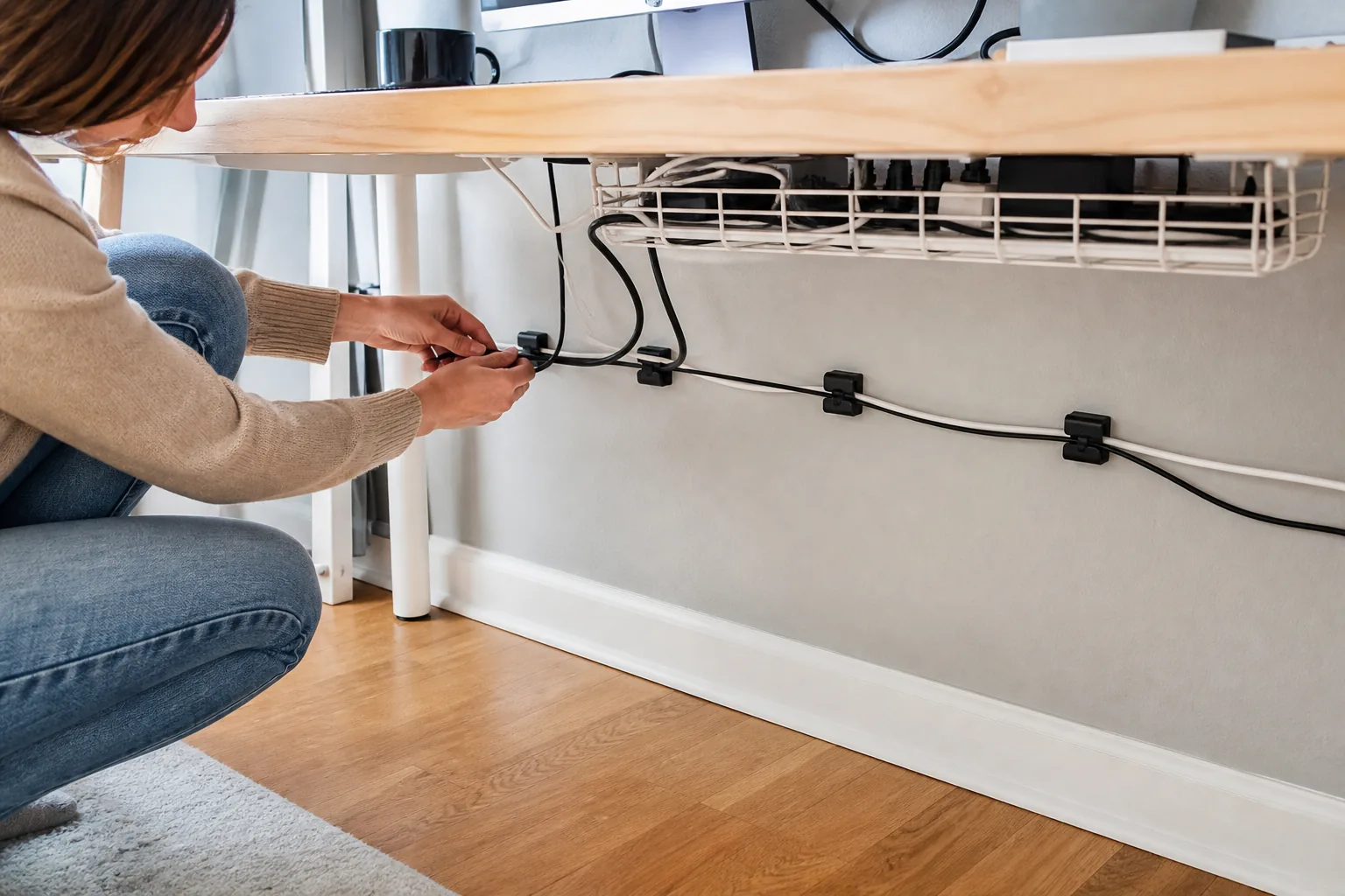 A renter organizing cables beneath a compact apartment desk with removable clips.