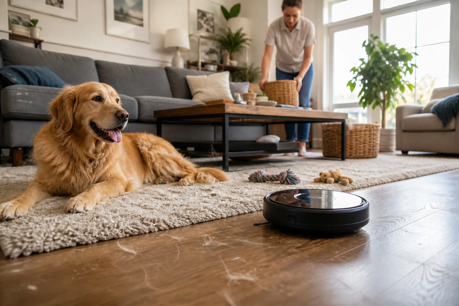 A robot vacuum moving around a shedding dog and toys in a lived-in family room.