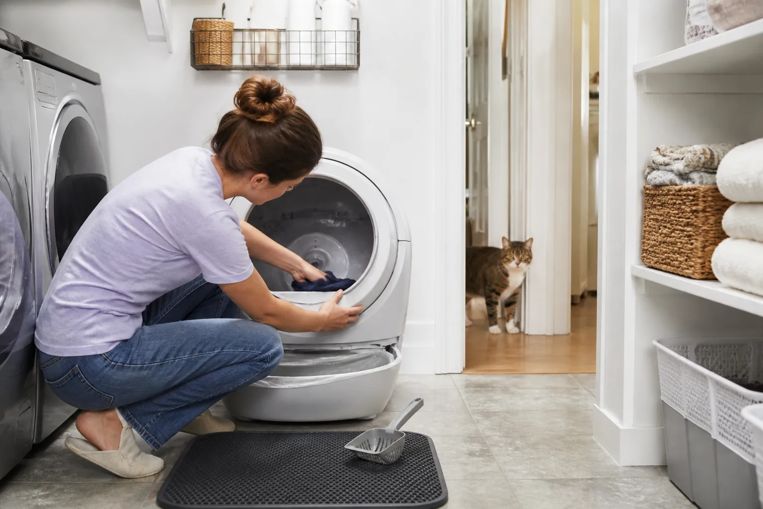A cat owner inspecting a self-cleaning litter box in a bright laundry room.