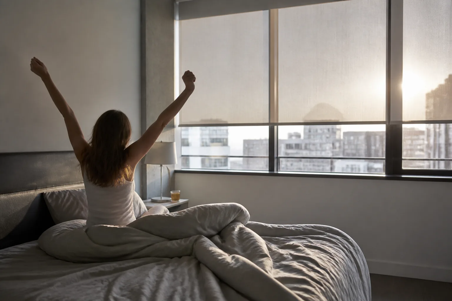 Automated bedroom blinds opening gradually to soft morning light.