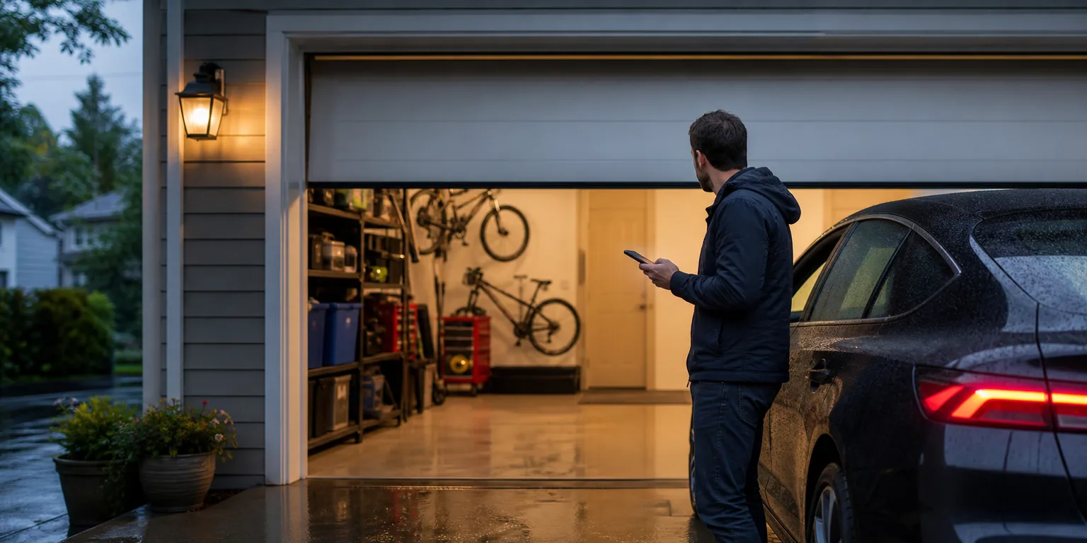 A homeowner checking a smart garage controller after a rainy commute.