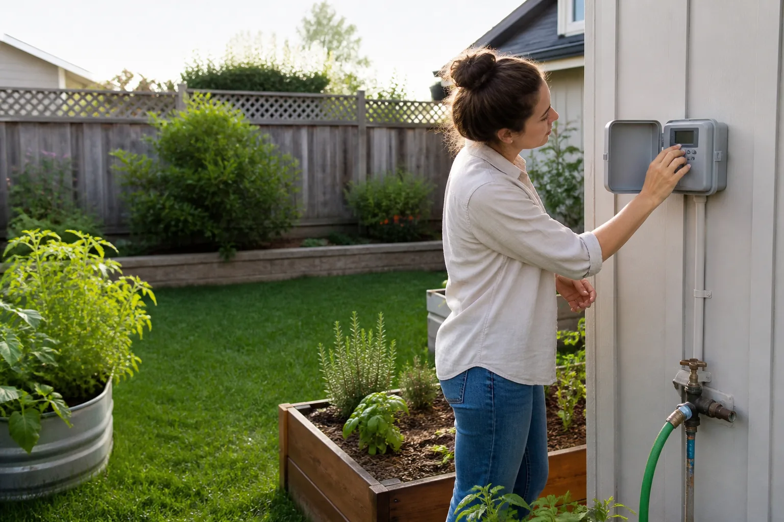 A homeowner checking a smart irrigation controller beside a compact backyard garden.