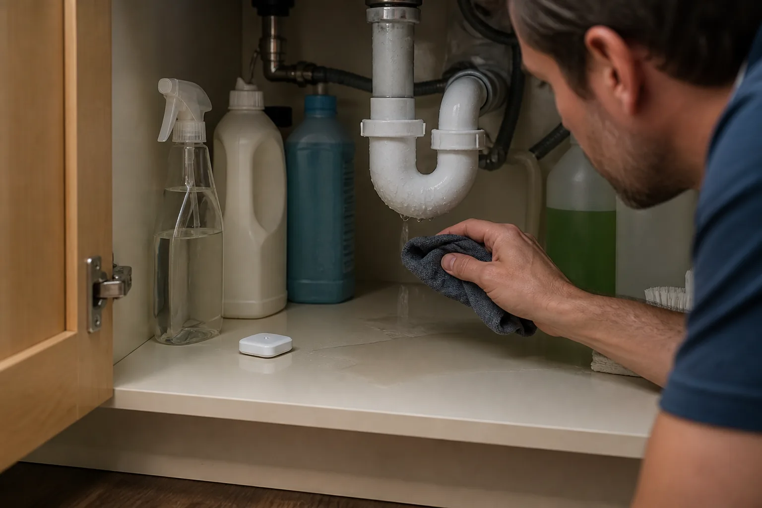 A homeowner finding a small leak under a kitchen sink beside a compact water sensor.