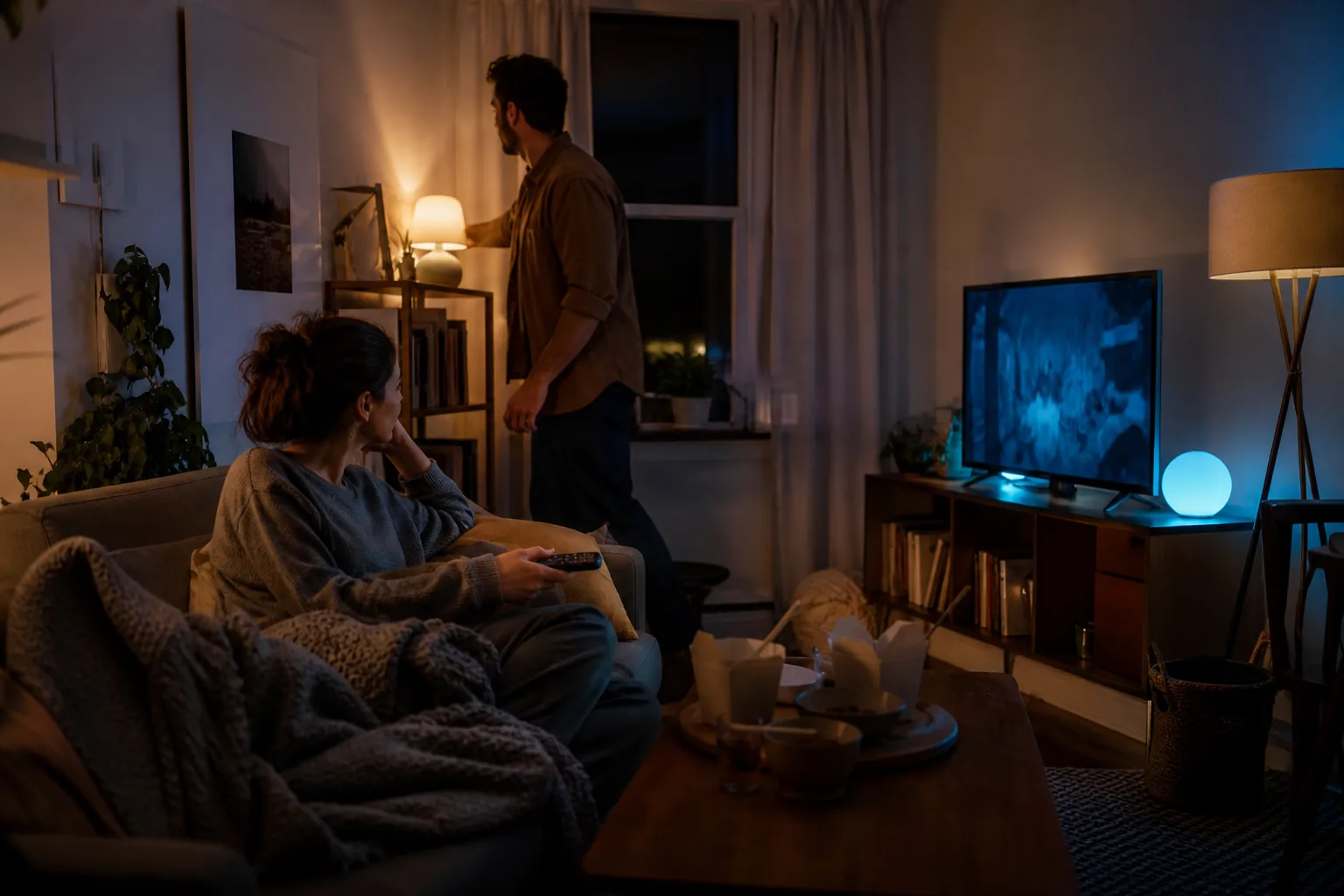 A couple adjusting layered smart lighting in a compact apartment before movie night.