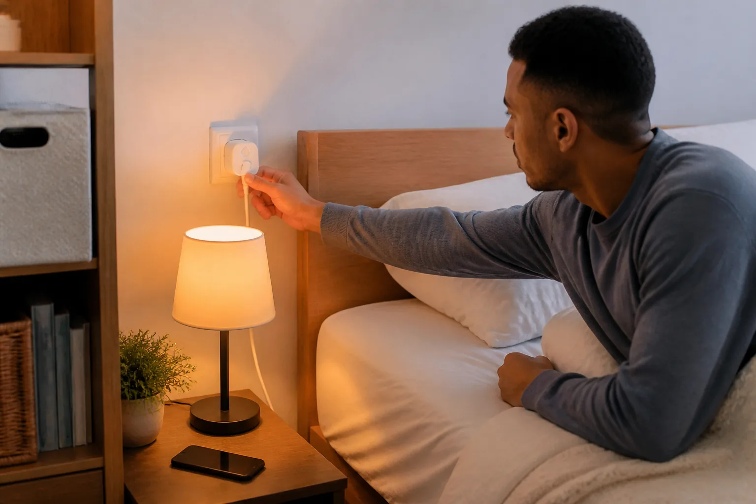 A renter setting up a compact smart plug beside a bedside lamp in a small apartment.