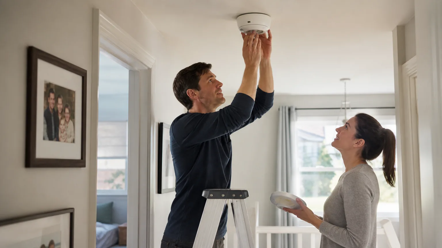 A family replacing an aging ceiling smoke alarm in an upstairs hallway.