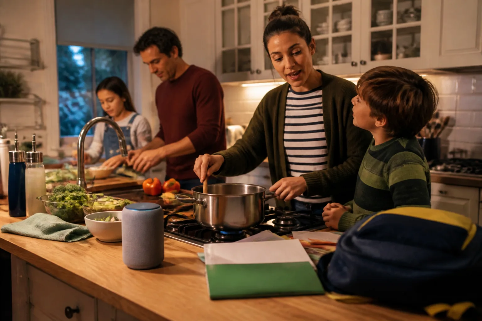 A family using a compact smart speaker while cooking a busy weeknight dinner.