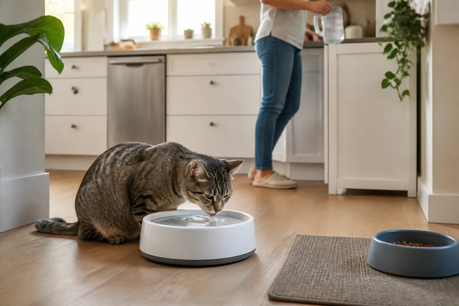 A cat drinking from a water fountain while the owner refills it in a kitchen corner.