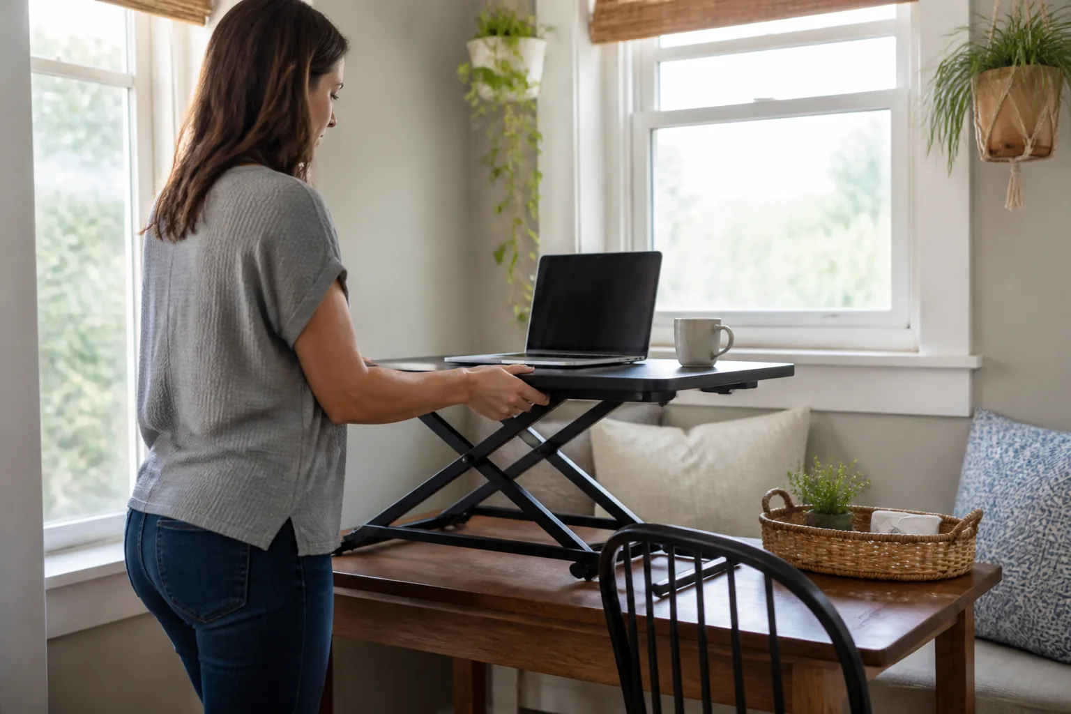An apartment worker lifting a standing desk converter on a dining-table workspace.