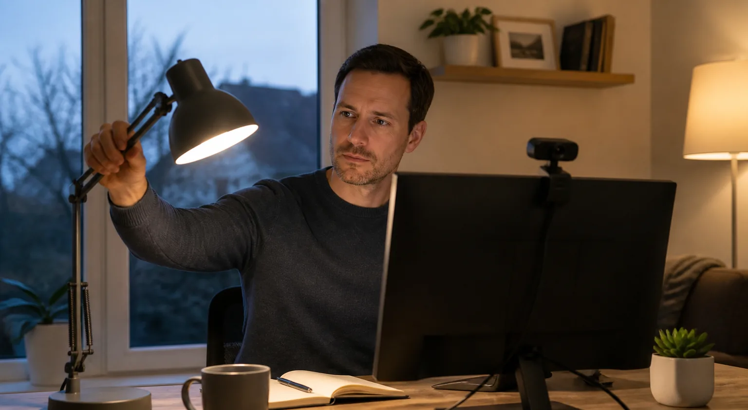 A remote worker moving a task lamp beside a monitor before an evening video call.