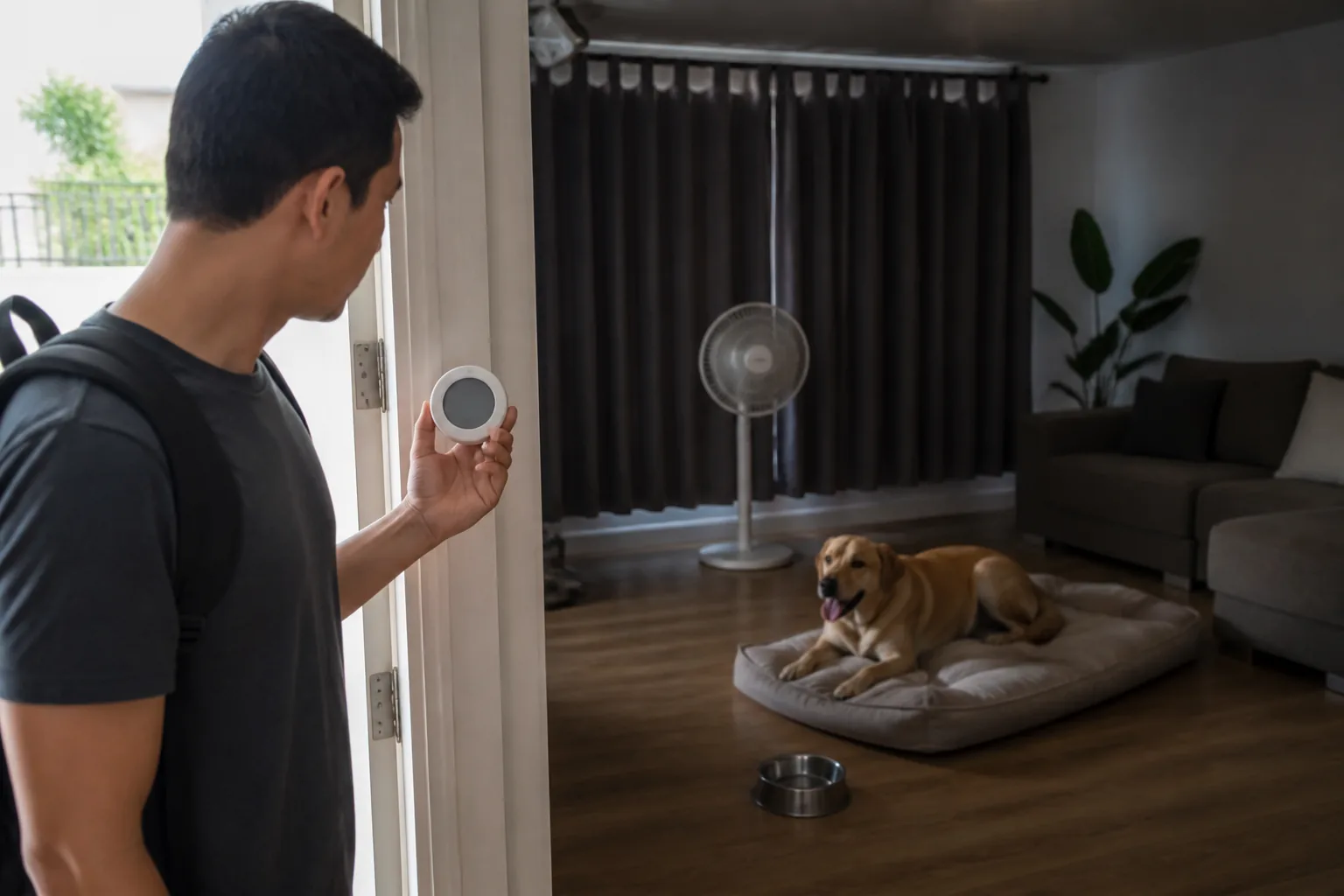 A pet owner checking a room-temperature monitor before leaving a dog in a shaded apartment.