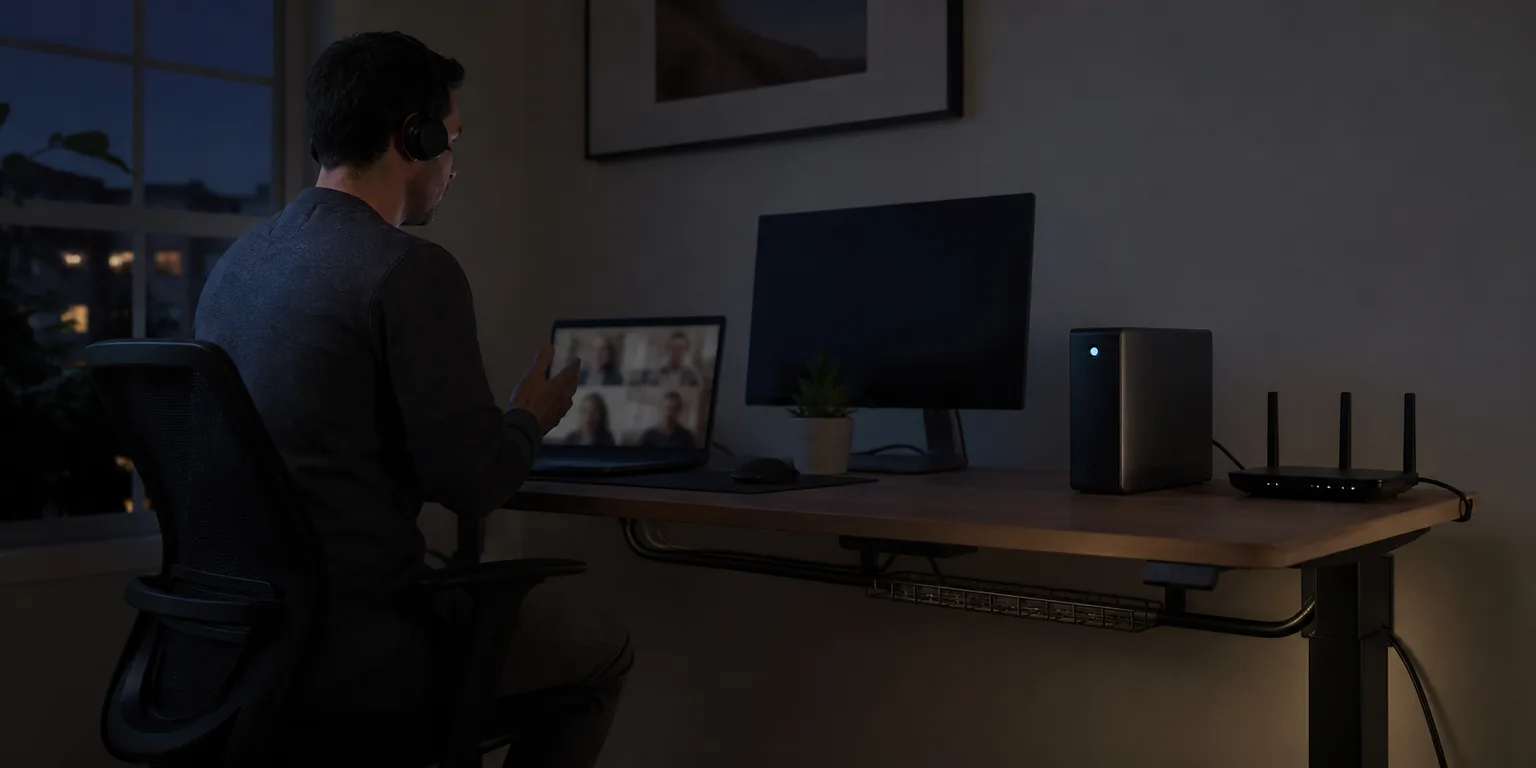 A remote worker continuing a call during a brief outage with a UPS supporting office equipment.