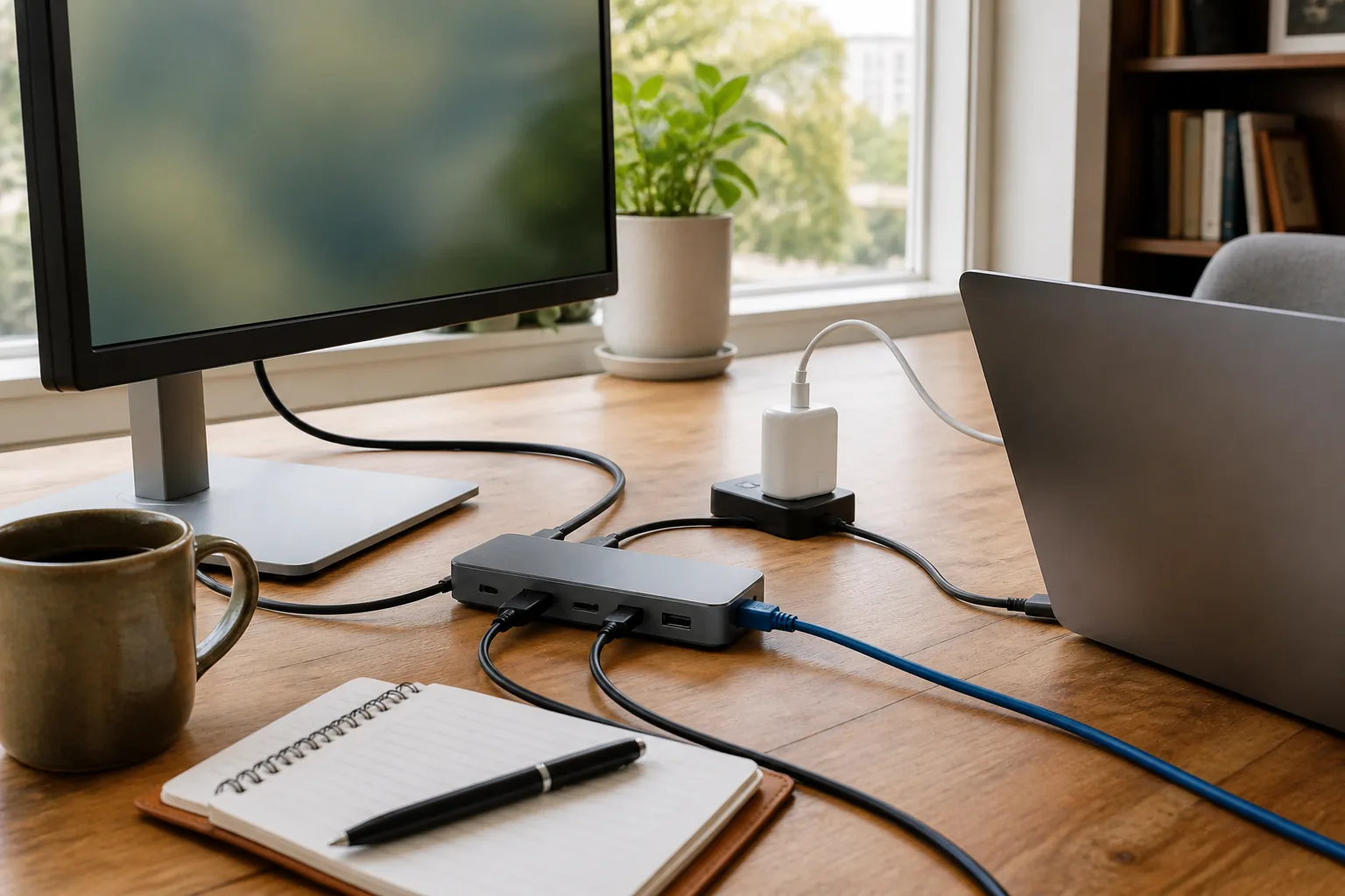 A remote worker connecting a laptop, monitor, Ethernet, and charger through a USB-C dock.