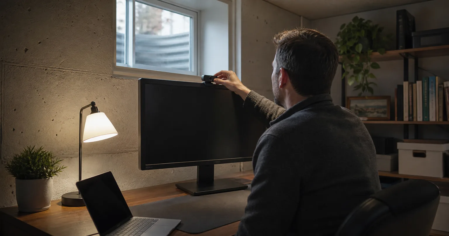A remote worker improving a webcam and lamp setup in a dim basement office.