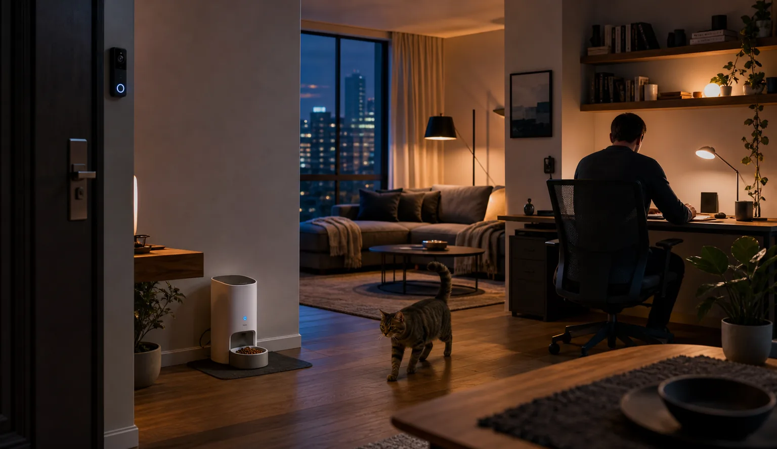 A connected apartment combining a smart home, a home office, and pet technology at dusk.